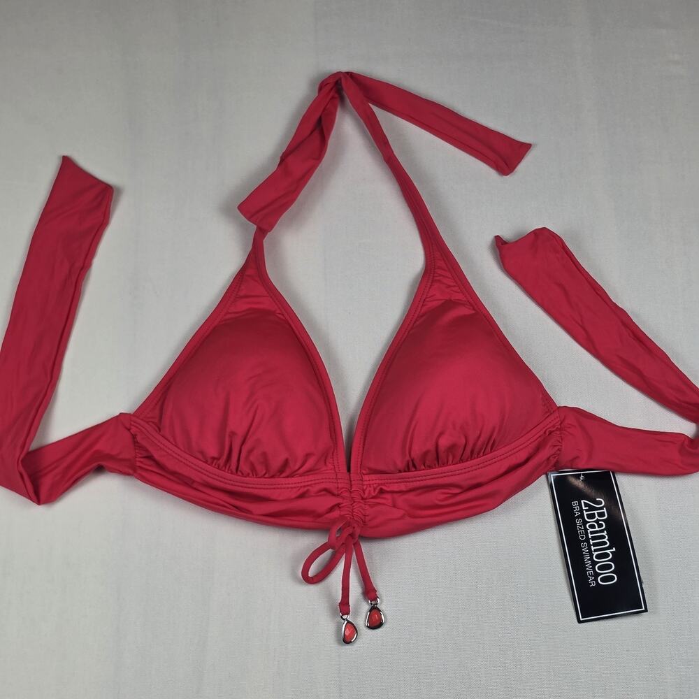 2 Bamboo Bra Sized Halter Bikini Top 34-36D M/L Pink Tie Neck Swim Top NWT